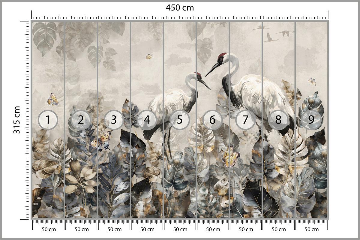 FOTOTAPETE für Wohnzimmer Kraniche Abstrakten Blättern Retro Natur 450x315 - Grau, Papier (450/315cm) - Muralo