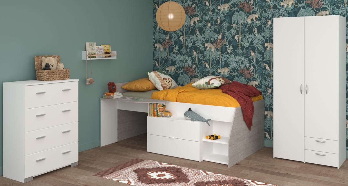 KINDERZIMMER weiß, grau, Komplett-Set mit Stauraumbett, Kommode, Kleiderschrank - Silberfarben/Weiß, Holzwerkstoff/Kunststoff (135/185/203cm) - Parisot Meuble
