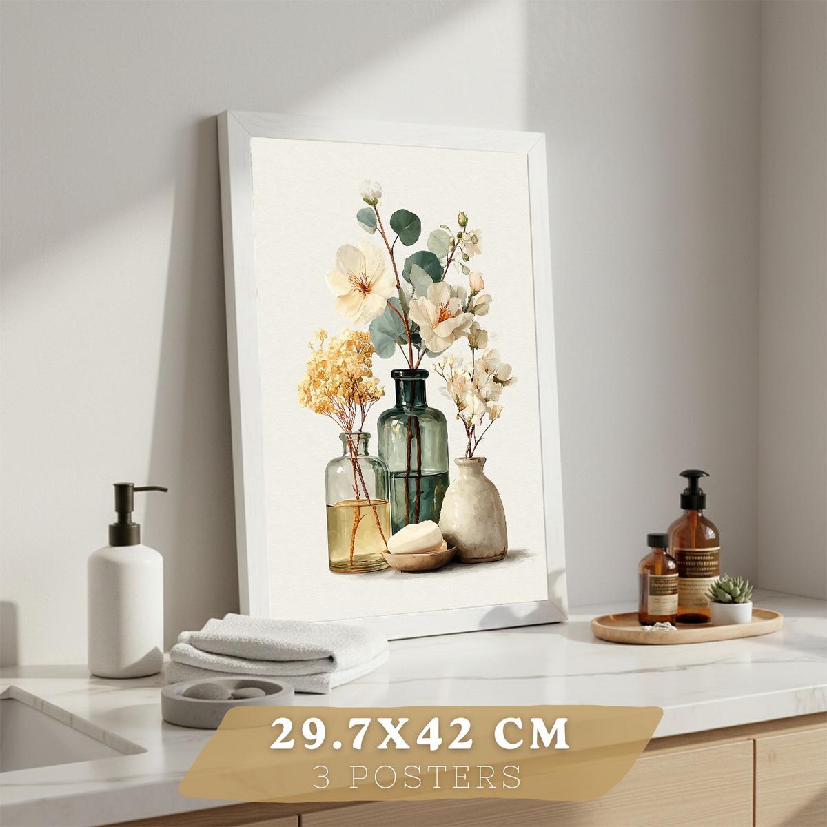 POSTER 3er-Set dekorative Badezimmerdrucke, natürlicher Spa-Stil, minimalistische Bilder mit Blumen Zen-Poster, Wohndekoration Rahmenlos A3 - Klar, Papier (42/29.7/3cm) - Nacnic