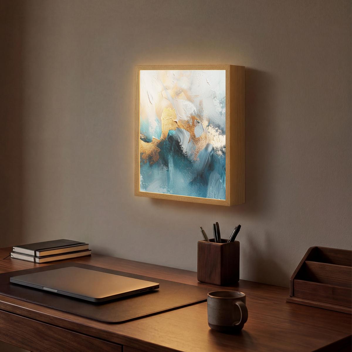WANDLEUCHTE MIT AKKU Abstrakt - Kunst - Gold - Blau 30x40 cm - Türkis, Holzwerkstoff (30/40/8cm) - OnlyWow