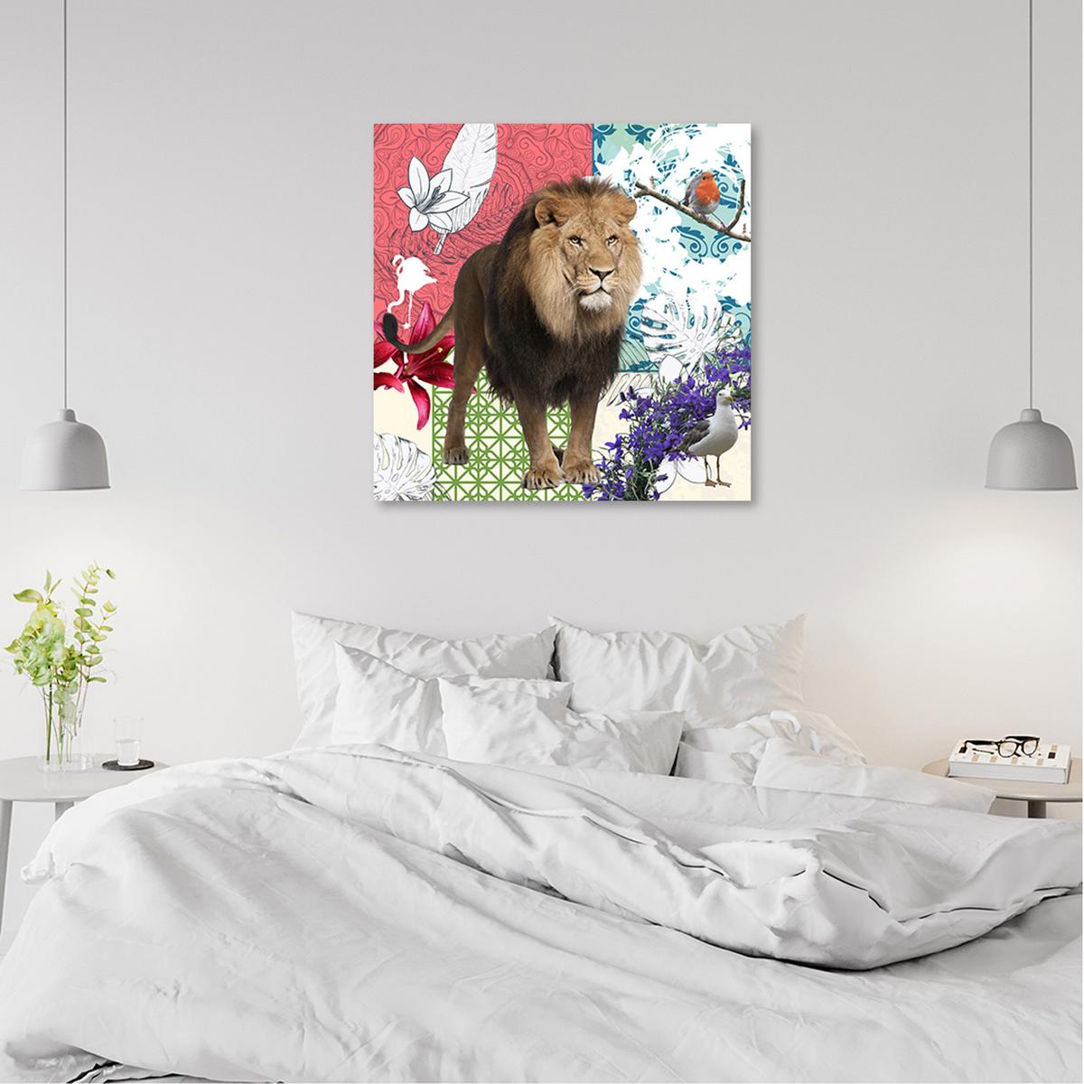 WANDBILD löwe und vögel collage - Multicolor, Textil (50/50cm) - Feeby