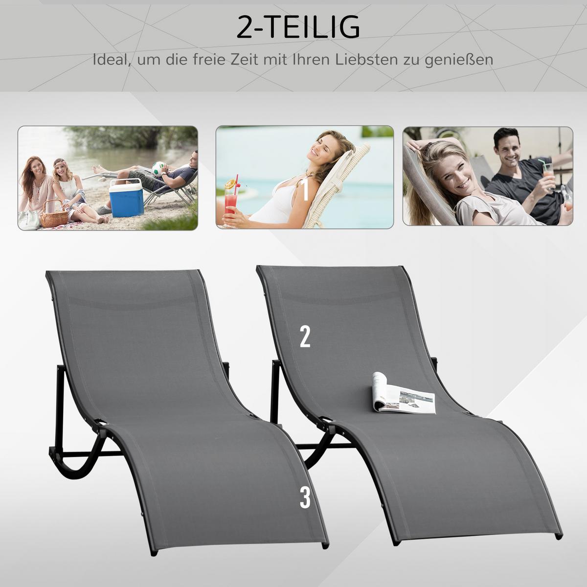 2ER Set Sonnenliege Gartenliege Stoffliege Relaxliege Alu Texteline Dunkelgrau - Dunkelgrau, Textil (61/63/165cm) - Outsunny