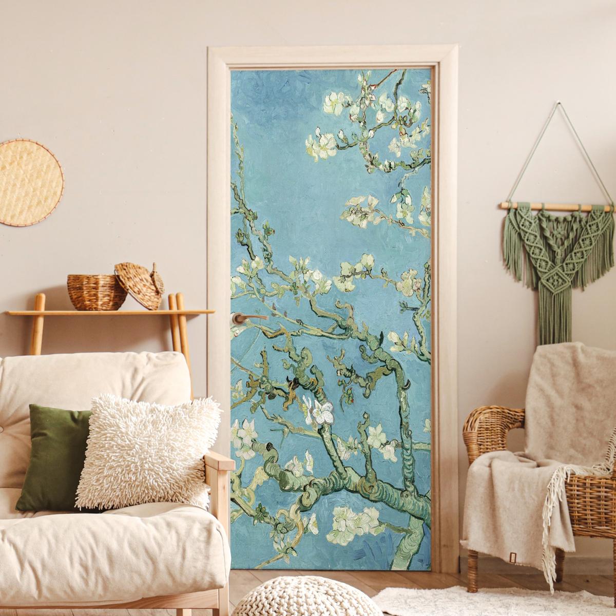 TÜRAUFKLEBER Selbstklebend - Mandelblüte - Van Gogh - Kunst 95x215 cm - Türtapete - Pastellblau, Kunststoff (95/215cm) - MuchoWow