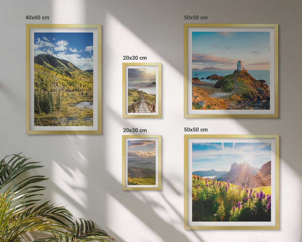 BILDER SET 5er Set - 50x50 cm & 20x30 cm & 40x60 cm Goldrahmen - Berglandschaften Wasserfall - Goldfarben, Kunststoff (40/60cm) - TULUP