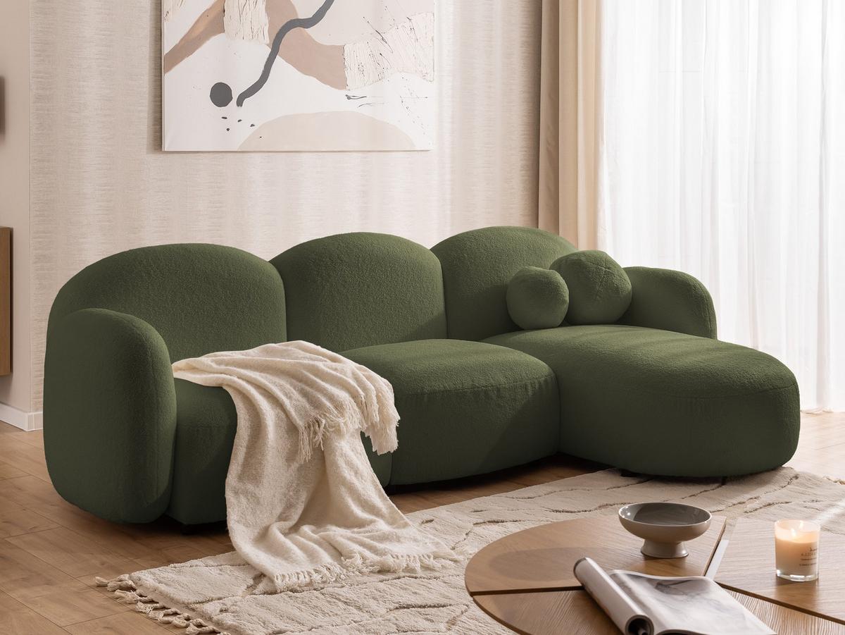 ECKSOFA Nuvola mit abgerundetem Design Grün Bouclé-Stoff - Ottomane Rechts - Schwarz/Grün, Holz/Kunststoff (268/146cm) - S-Style Möbel