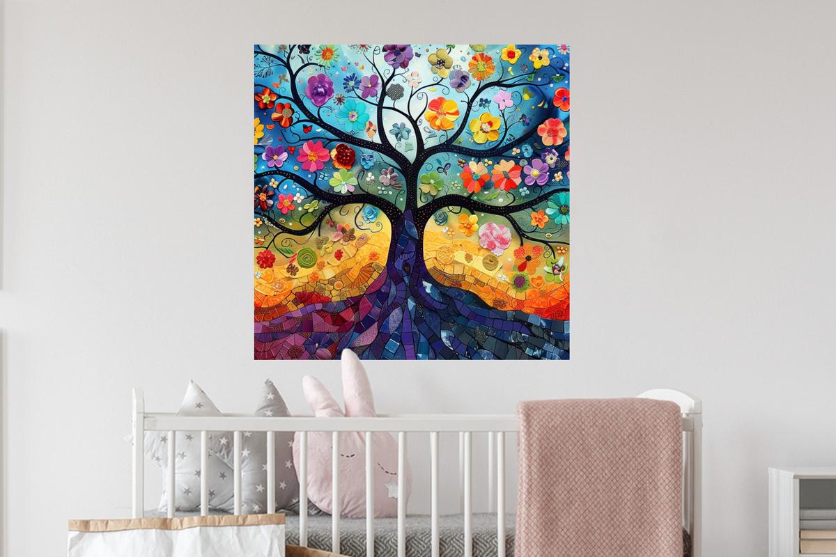 WANDTATTOO Kunst - Baum des Lebens - Blumen - Hippie Wanddeko 50x50 cm - Dunkelblau, Kunststoff (50/50/0.1cm) - MuchoWow