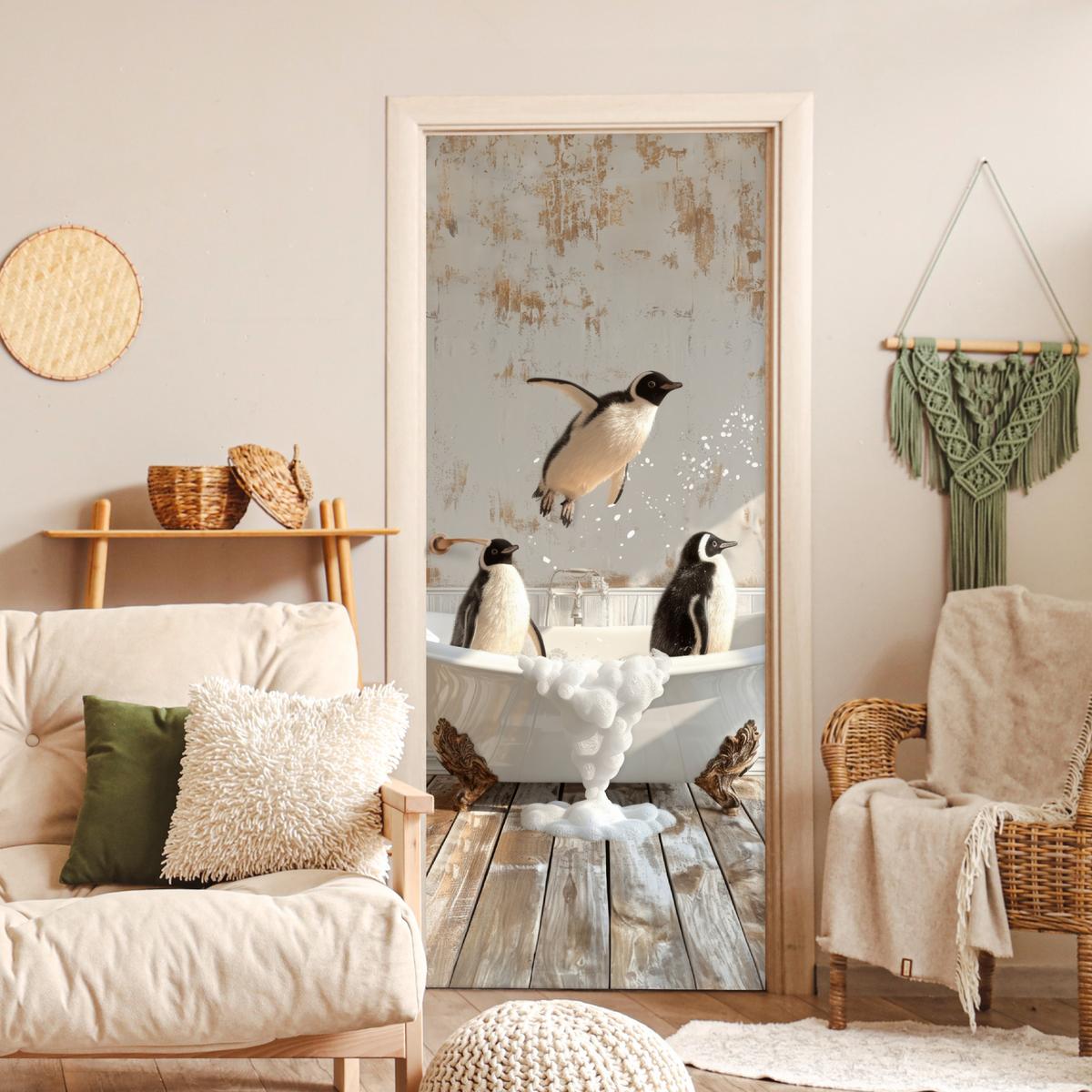 TÜRAUFKLEBER Vintage - Pinguin - Badewanne - Schaumstoff Fototapete 75x205 cm - Türtapete - Hellbraun, Kunststoff (75/0.1/205cm) - MuchoWow