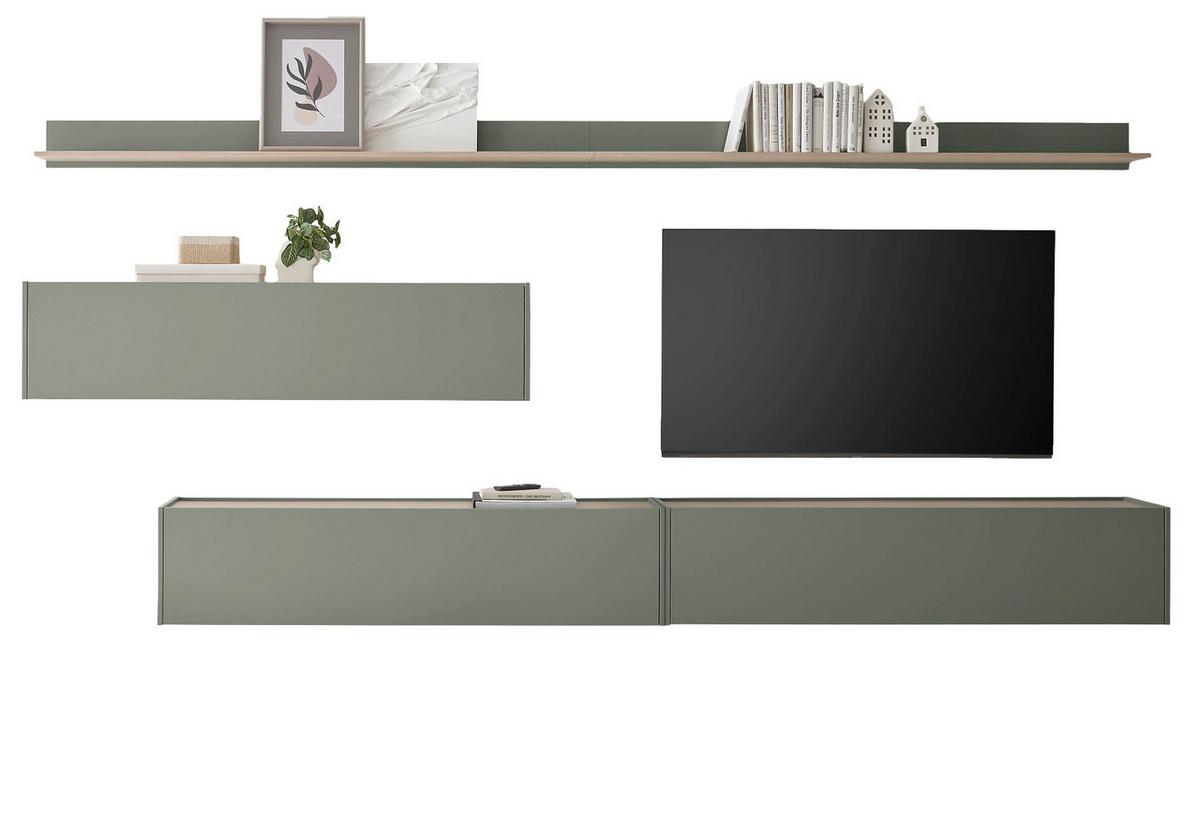 WOHNWAND Salbei grün, Barista Eiche Set 5-teilig mit XXL TV-Board 340 cm - Salbeigrün/Eichefarben, Holzwerkstoff/Metall (340/180/30cm) - Furn.Design
