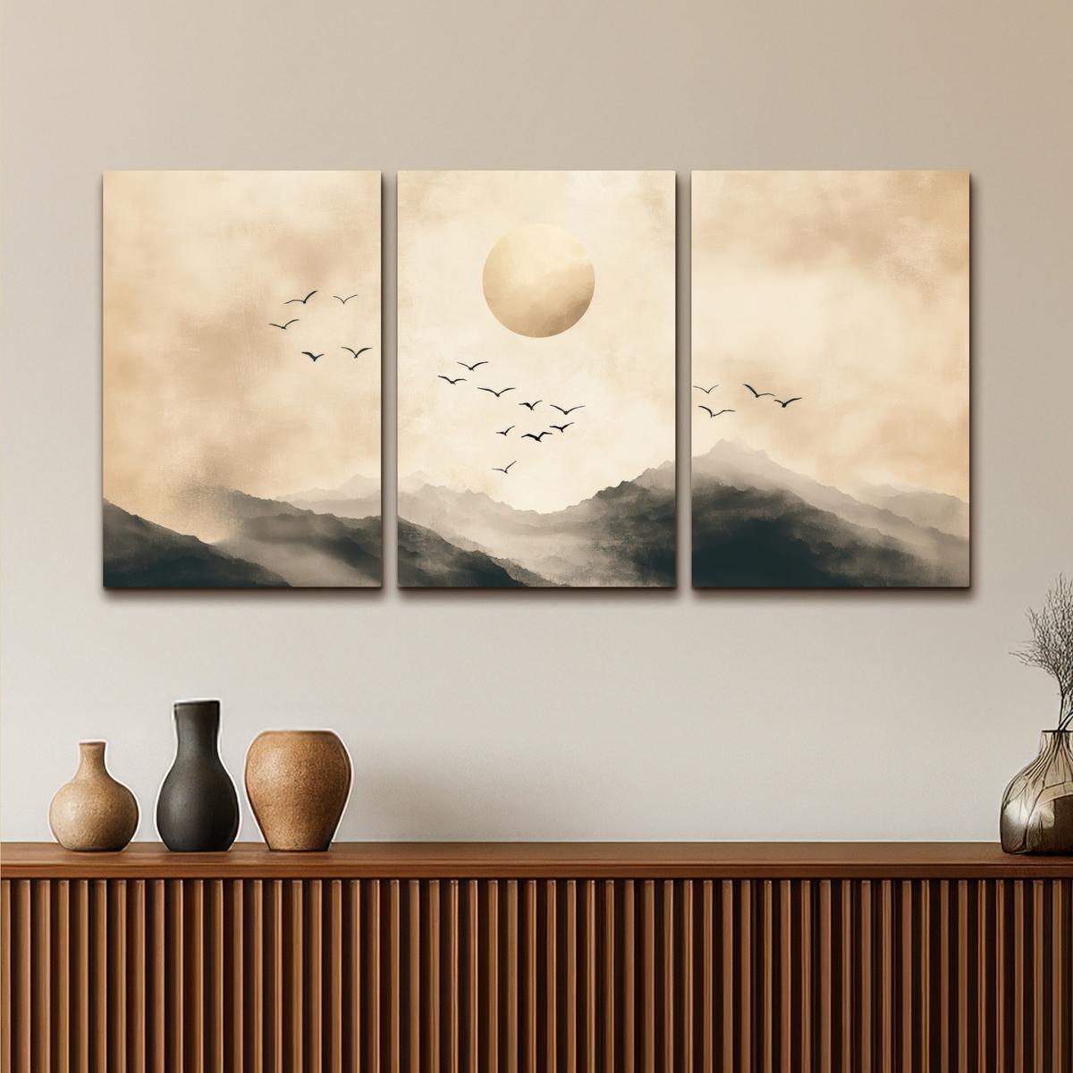 LEINWANDBILD 3er Set Landschaft - Japandi - Beige - Vögel 120x60 cm - Beige, Textil (120/60cm) - MuchoWow