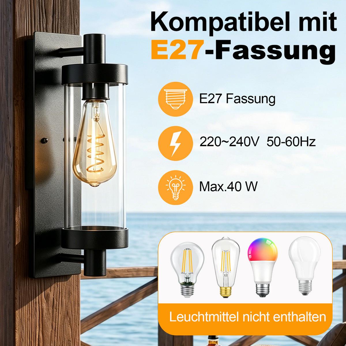AUSSENWANDLEUCHTE Elenkir 12.7/12.5/34.5 cm - Schwarz, Glas/Metall (12.5/34.5/12.7cm) - ZMH