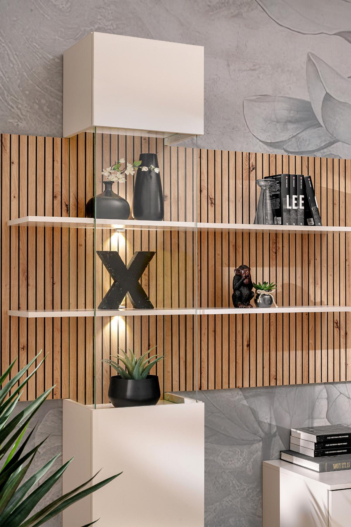 WOHNWAND Sand matt, Eiche Artisan 280 cm, Schrankwand inklusive LED Beleuchtung - Sandfarben/Schwarz, Holzwerkstoff/Kunststoff (280/200/45cm) - Furn.Design