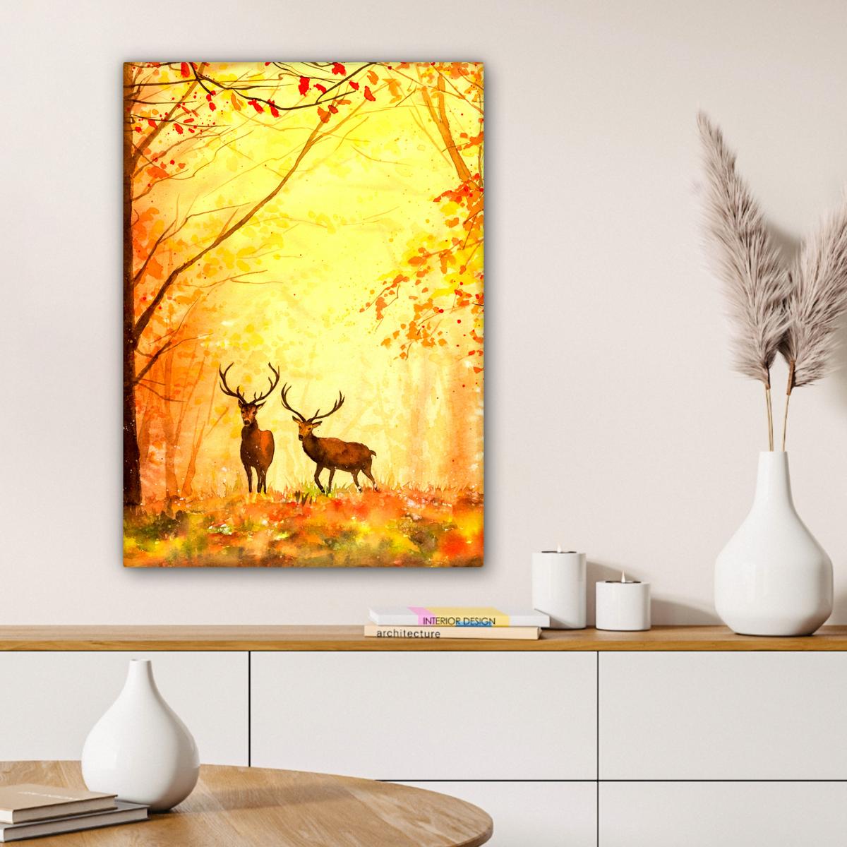 LEINWANDBILD Natur - Ölfarbe - Hirsche - Tiere - Herbst - Orange Wandbild Wohnzimmer 60x80 cm - Orange, Textil (60/80cm) - MuchoWow