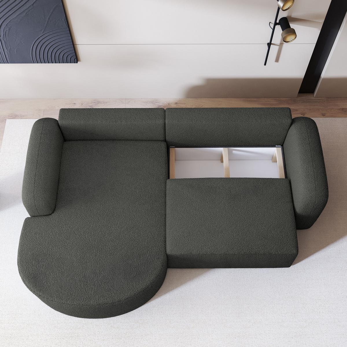 ECKSOFA AMILIA L-S Grau Boucle-Stoff mit Schlaffunktion - Grau, Holz (263/174cm) - MASSENO