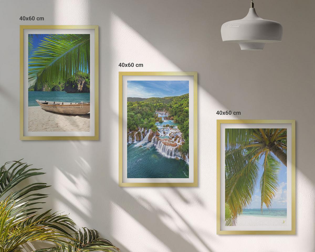 BILDER SET 3er Set - 40x60 cm Goldrahmen - Strand, Boot, Wasserfälle, Palmen - Goldfarben, Kunststoff (40/60cm) - TULUP