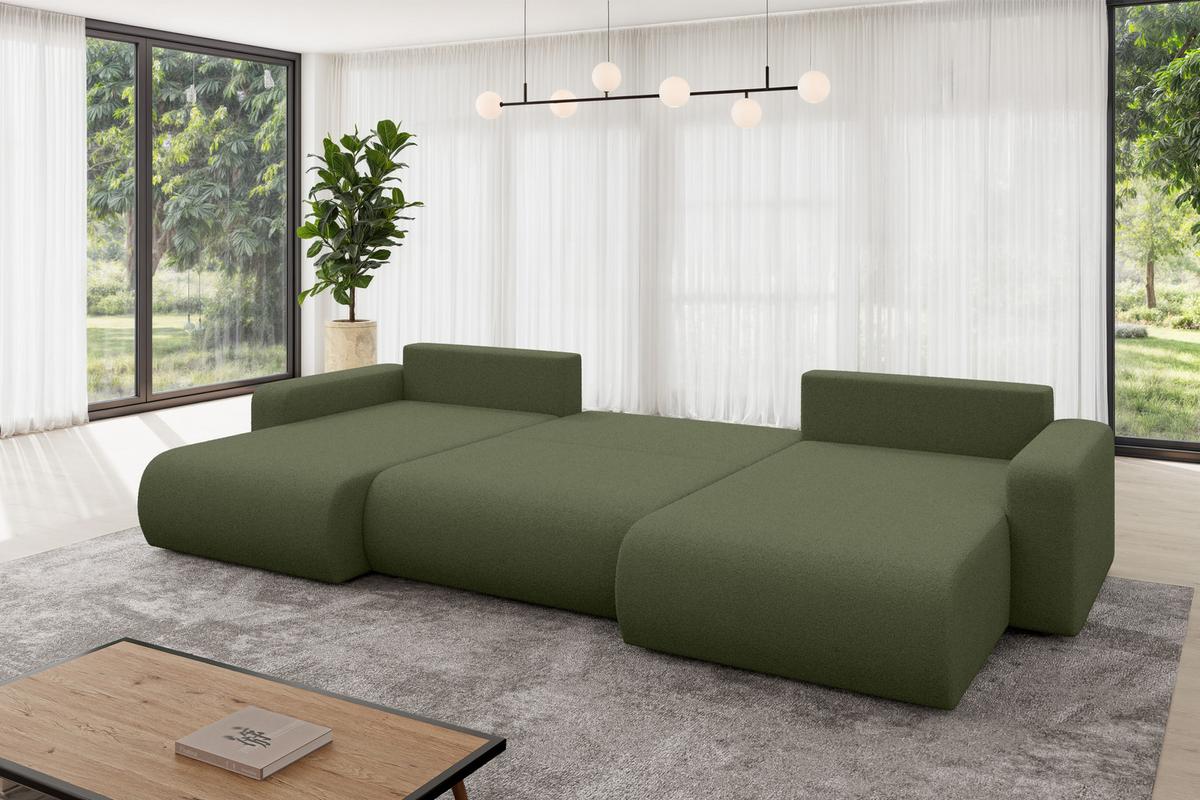 WOHNLANDSCHAFT mit Schlaffunktion und Bettkasten BERY-U 377x193x88 Grün Bouclé - Schwarz/Olivgrün, Holzwerkstoff/Kunststoff (377/88/193cm) - ALTDECOR