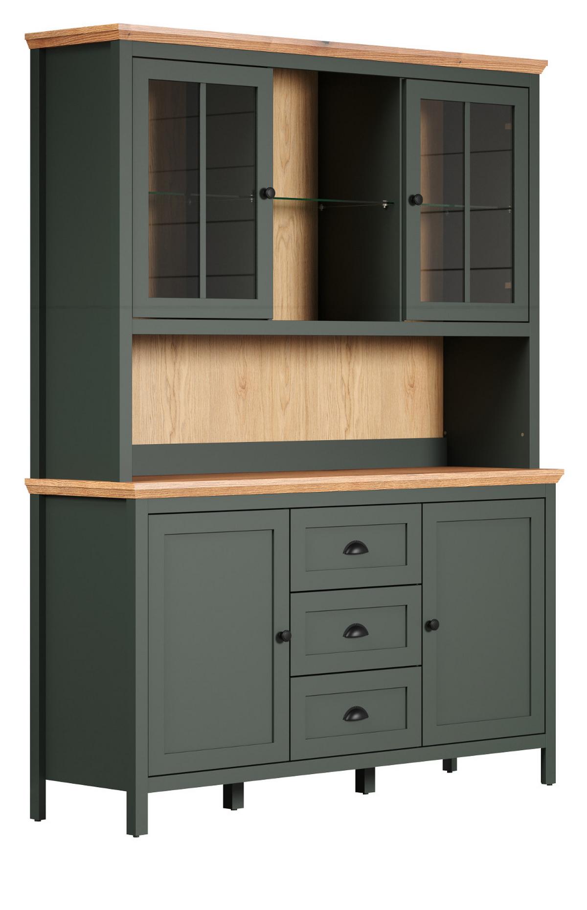 BUFFETSCHRANK grün, Evoke Eiche Landhaus 146 x 198 cm, Vitrine inklusive LED - Eichefarben/Schwarz, Glas/Holzwerkstoff (45/198/146cm) - Top.Furn