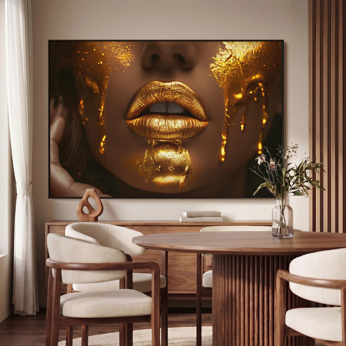 LEINWAND Bilder mit Rahmen - Frau - Gold - Luxus - Porträt - 140x90 - Goldfarben, Textil (140/90cm) - MuchoWow