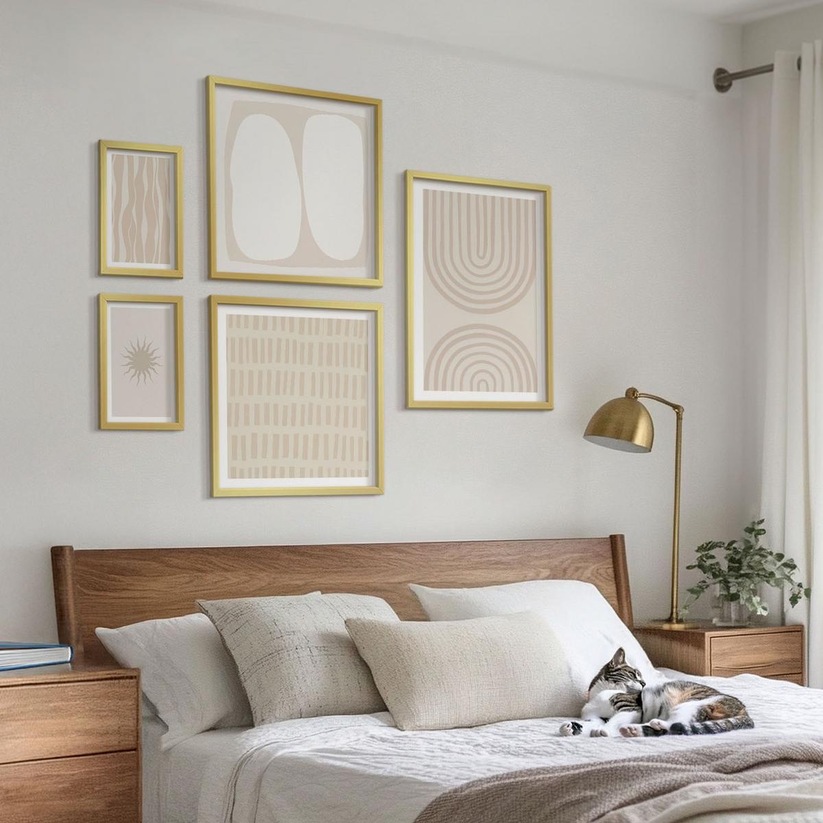 BILDER SET 5er Set - 50x50 cm & 20x30 cm & 40x60 cm Goldrahmen - Abstrakte Boho-Musterformen - Goldfarben, Kunststoff (40/60cm) - TULUP
