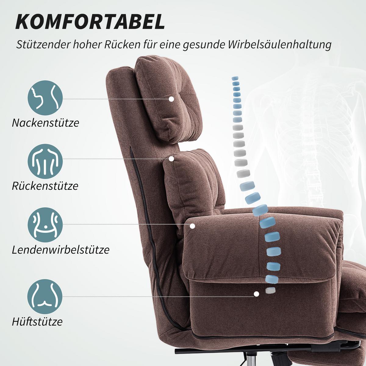 BÜROSTUHL, Ergonomischer Schreibtischstuhl mit Armlehne, Fußstütze, Kaffee - Schwarz/Braun, Textil/Metall (77/116/80cm) - HOMCOM