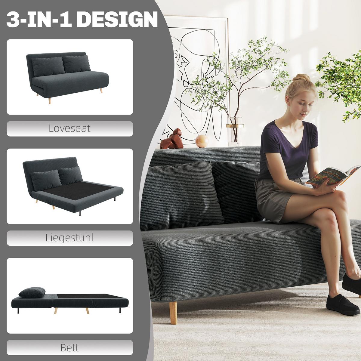 SCHLAFSOFA Polyester Buchenholz Dunkelgrau - Dunkelgrau/Buchefarben, Buchenholz/Textil (90/81/141cm) - HOMCOM