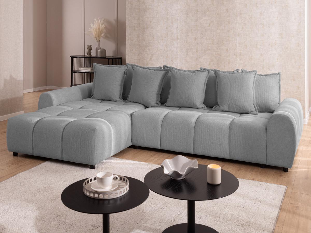 ECKSOFA Bubble mit losen Rückenkissen und Sitzfläche in Bubble-Optik aus weichem Grau Strukturstoff mit schöner Sitzkomfort - Ottomane links - Schwarz/Grau, Holz/Kunststoff (180/306cm) - S-Style Möbel
