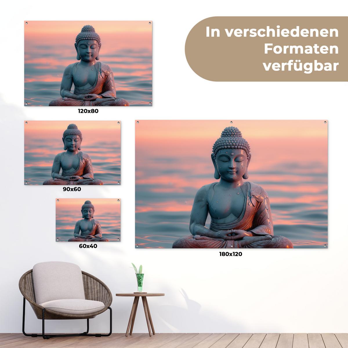 GARTENPOSTER Buddha - Statue - Buddha - Wasser - Kunst - Buddha Gartendeko 90x60 cm - Blaugrau, Kunststoff (90/60/0.2cm) - OnlyWow