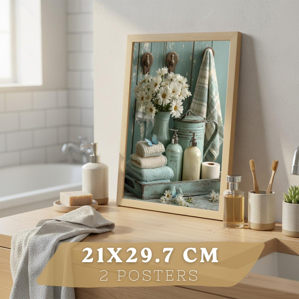 POSTER Set mit 2 dekorativen Badezimmer-Drucken, Shabby Chic Blumenposter für Wand, romantische Dekoration mit Blumen Leichter Holzrahmen A4 - Beige, Papier (29.7/21/3cm) - Nacnic