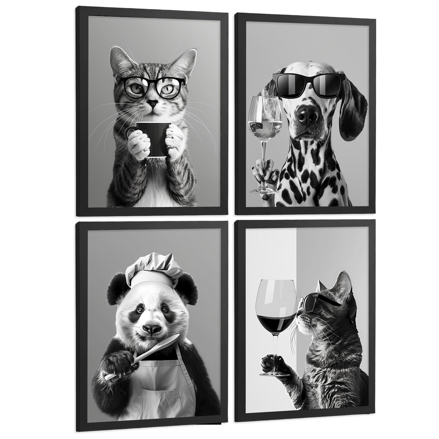 POSTER 4er Set Lustige Tiere mit Brille Wandbilder Katze Dalmatiner Panda Koch Schwarz Weiß Küche Deko Schwarzer Rahmen A4 - Schwarz, Papier (29.7/1/21cm) - Nacnic