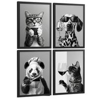 POSTER 4er Set Lustige Tiere mit Brille Wandbilder Katze Dalmatiner Panda Koch Schwarz Weiß Küche Deko Schwarzer Rahmen A4 - Schwarz, Papier (29.7/1/21cm) - Nacnic