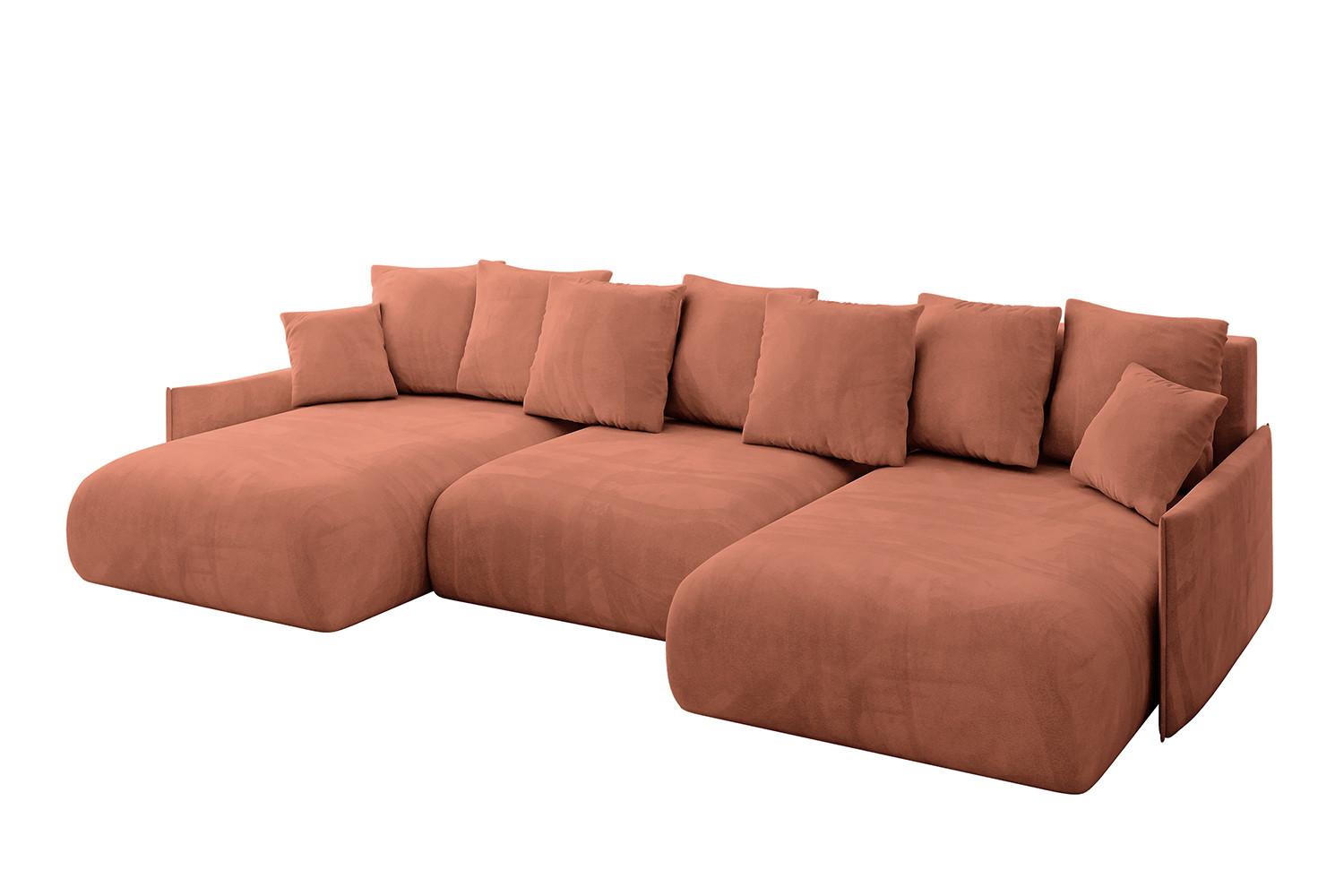 WOHNLANDSCHAFT mit Schlaffunktion und Bettkasten ONESK-U-v1 317x177x72 Apricot Velours - Koralle, Holzwerkstoff/Kunststoff (317/72/177cm) - ALTDECOR