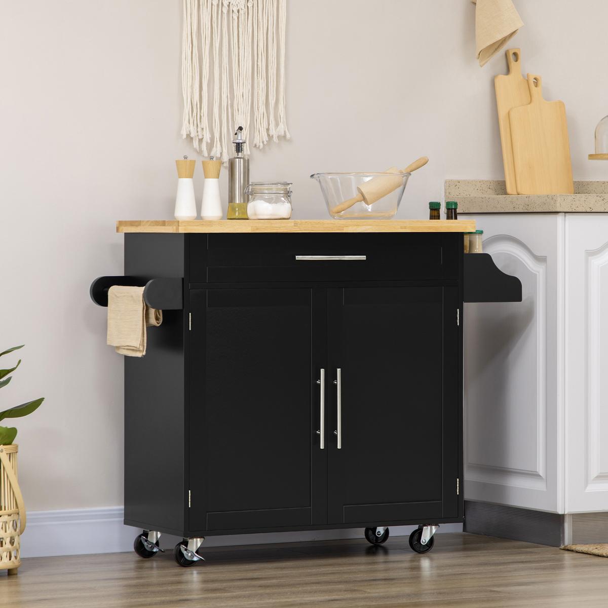 KÜCHENWAGEN, Gummiholz, Schwarz, 109 x 40 x 89 cm - Schwarz, Holzwerkstoff (40/89/109cm) - HOMCOM