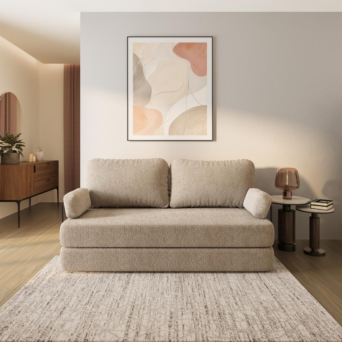 BETTSOFA NIKSI aus Schaumstoff Bucle-Stoff Beige Schlaffunktion - Beige, Textil (170/86/80cm) - MASSENO