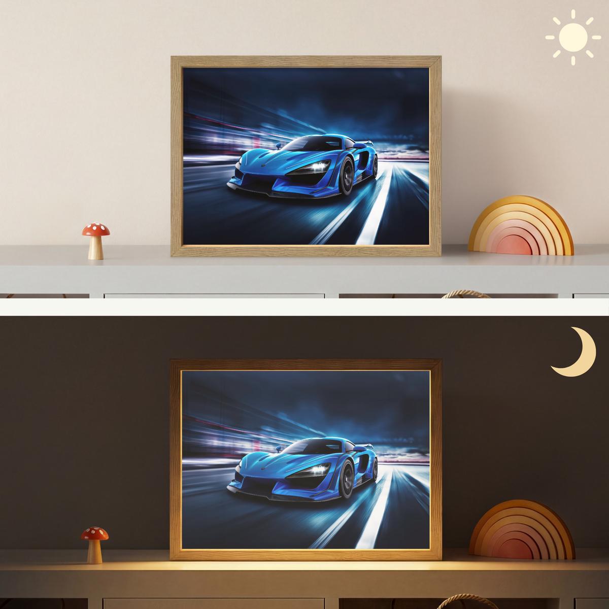 WANDLEUCHTE MIT AKKU Auto - Blau - Jungen - Kind 40x30 cm - Blau, Holzwerkstoff (40/30/8cm) - OnlyWow