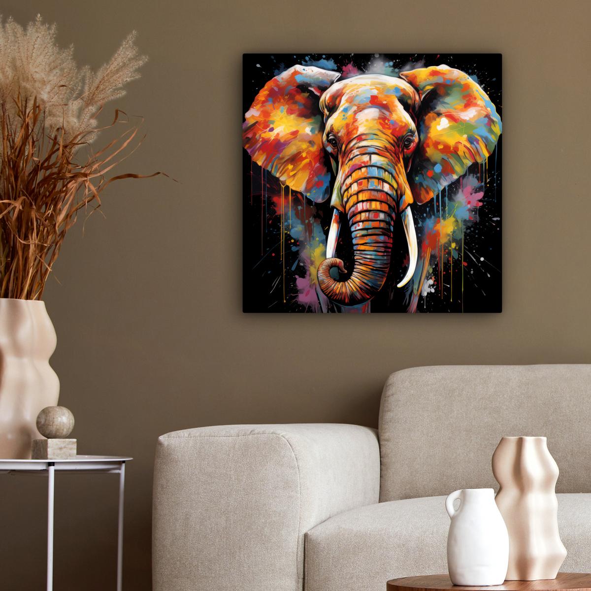 LEINWANDBILD Elefant - Graffiti - Schwarz - Tiere - Farben Wandbild Wohnzimmer 50x50 cm - Schwarz, Textil (50/50cm) - MuchoWow