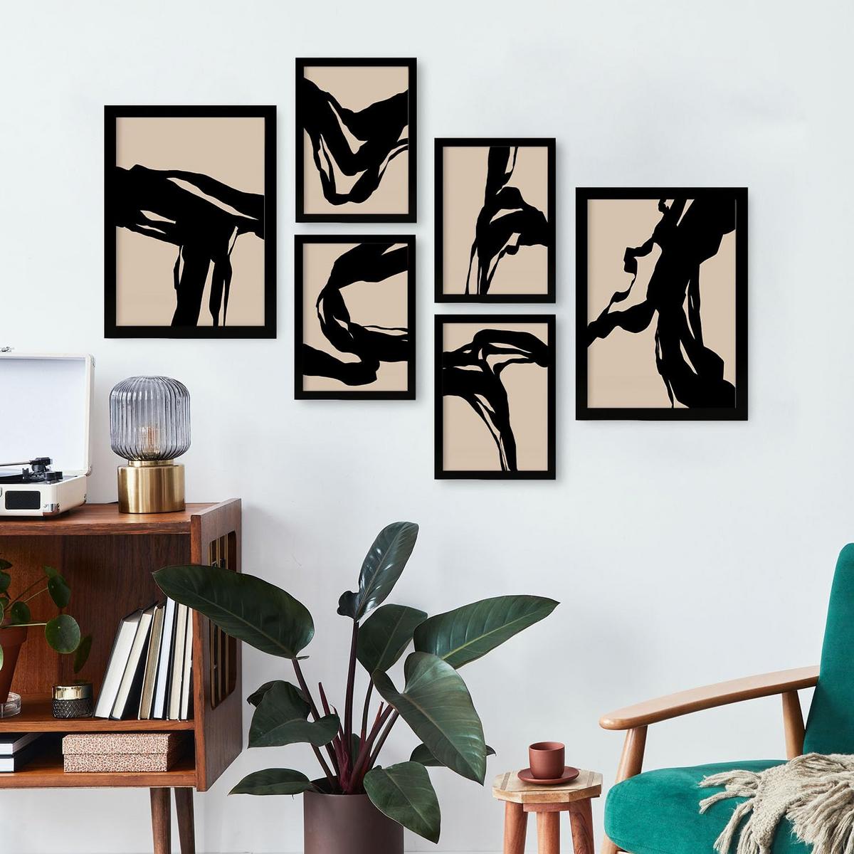 POSTER Set Mit 6 Zusammenfassungen In Form Ästhetische Dekorative Gemälde Für Ihr Wohnzimmer, Schlafzimmer Oder Zuhause A3 & A4 Schwarzer Rahmen - Schwarz, Papier (29/3cm) - Nacnic