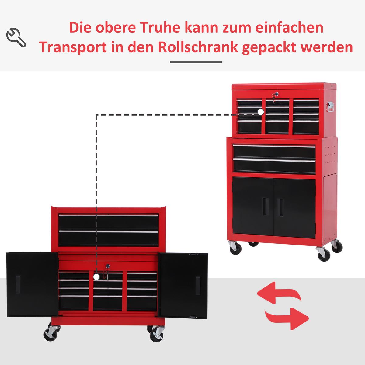 WERKSTATTWAGEN mit Werkzeugkasten 2 Schlüssel Metall Rot+Schwarz - Multicolor, Metall (33/108/61.6cm) - HOMCOM