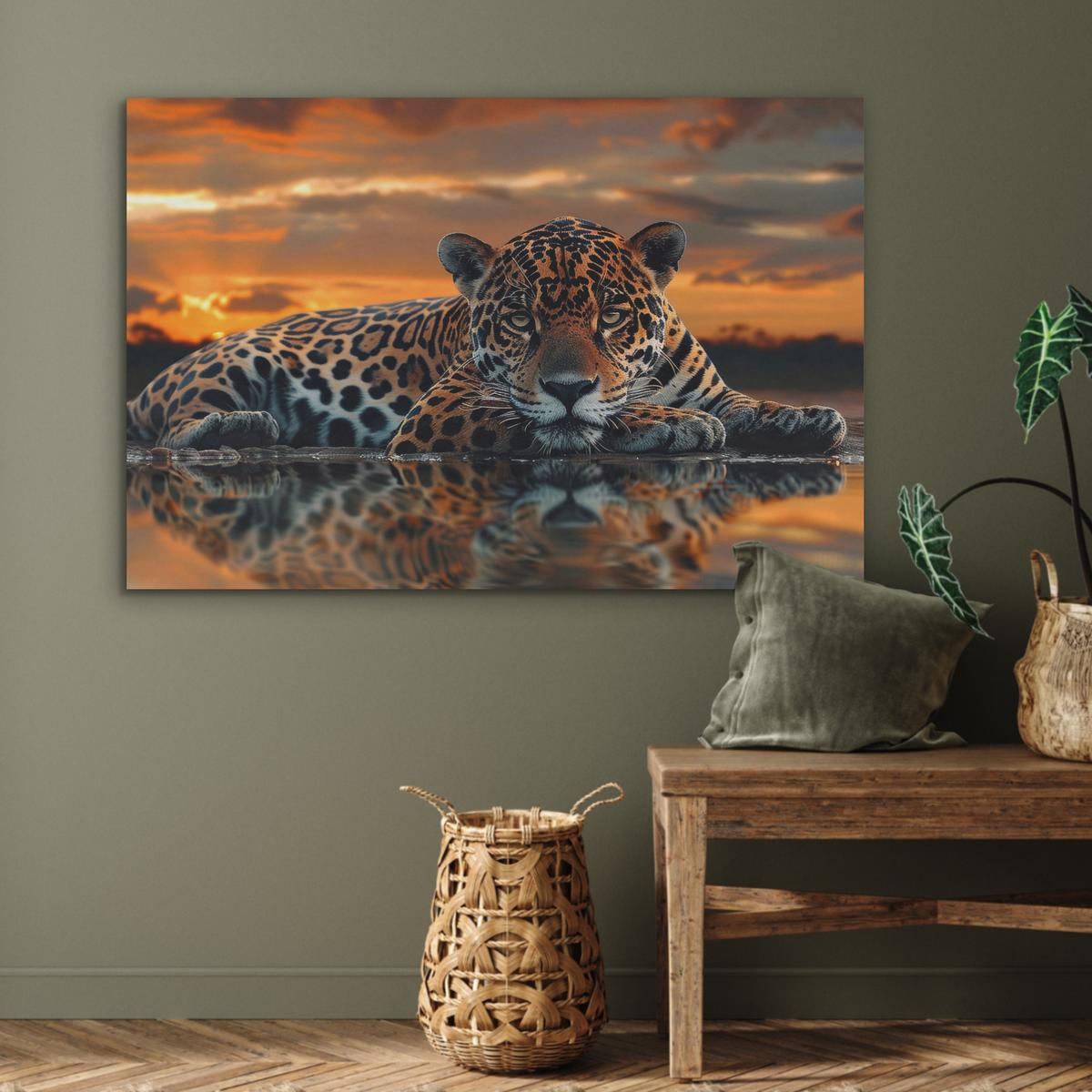 AKUSTIKBILD Natur - Leopard - Tier - Sonnenuntergang - Modern Wandbild Wohnzimmer 100x70 cm - Orange, Kunststoff (100/70/0.9cm) - MuchoWow