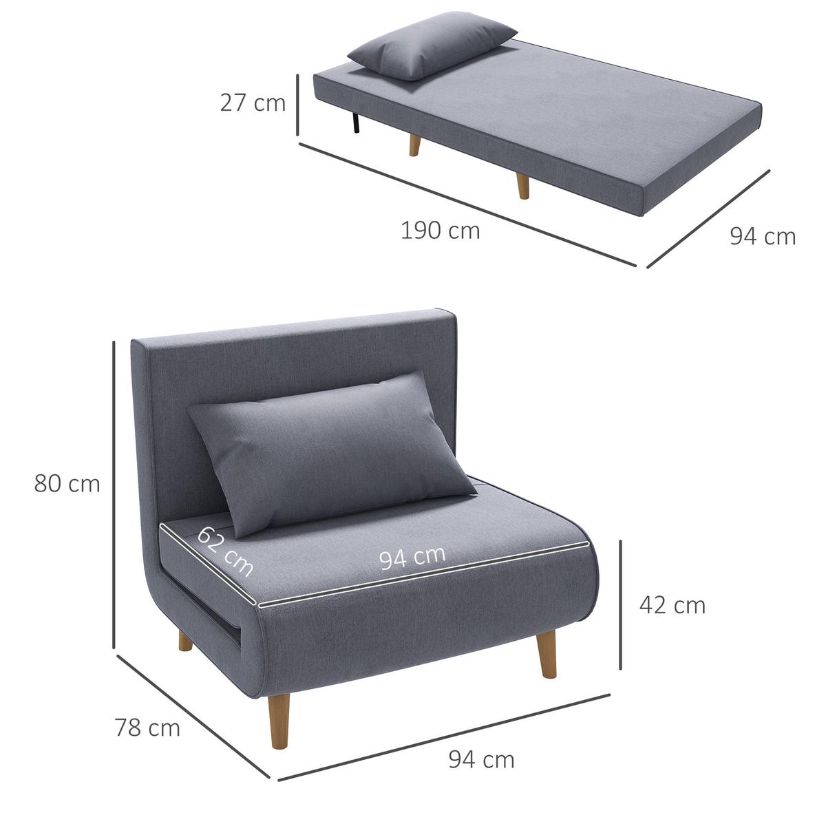 EINZELSOFA Sofabett Klappsofa verstellbar Rückenlehne nordisch skandinavisch - Naturfarben/Grau, Holz/Textil (78/80/94cm) - HOMCOM