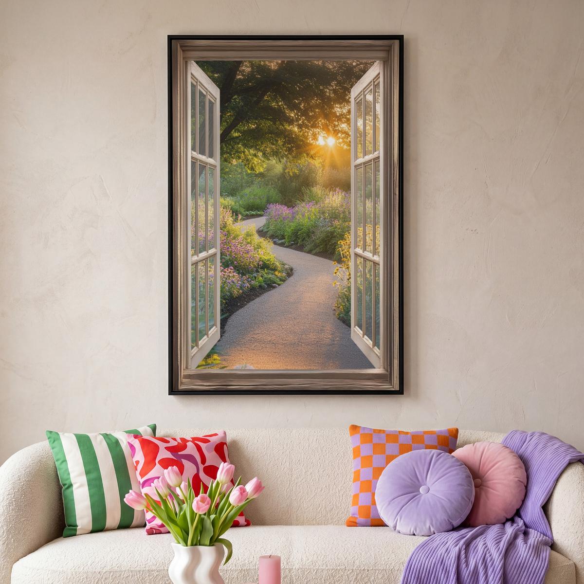 LEINWAND Bilder mit Rahmen - Aussicht - Blumen - Natur - Sonne - Weg - 80x120 - Hellgelb, Textil (80/120cm) - MuchoWow