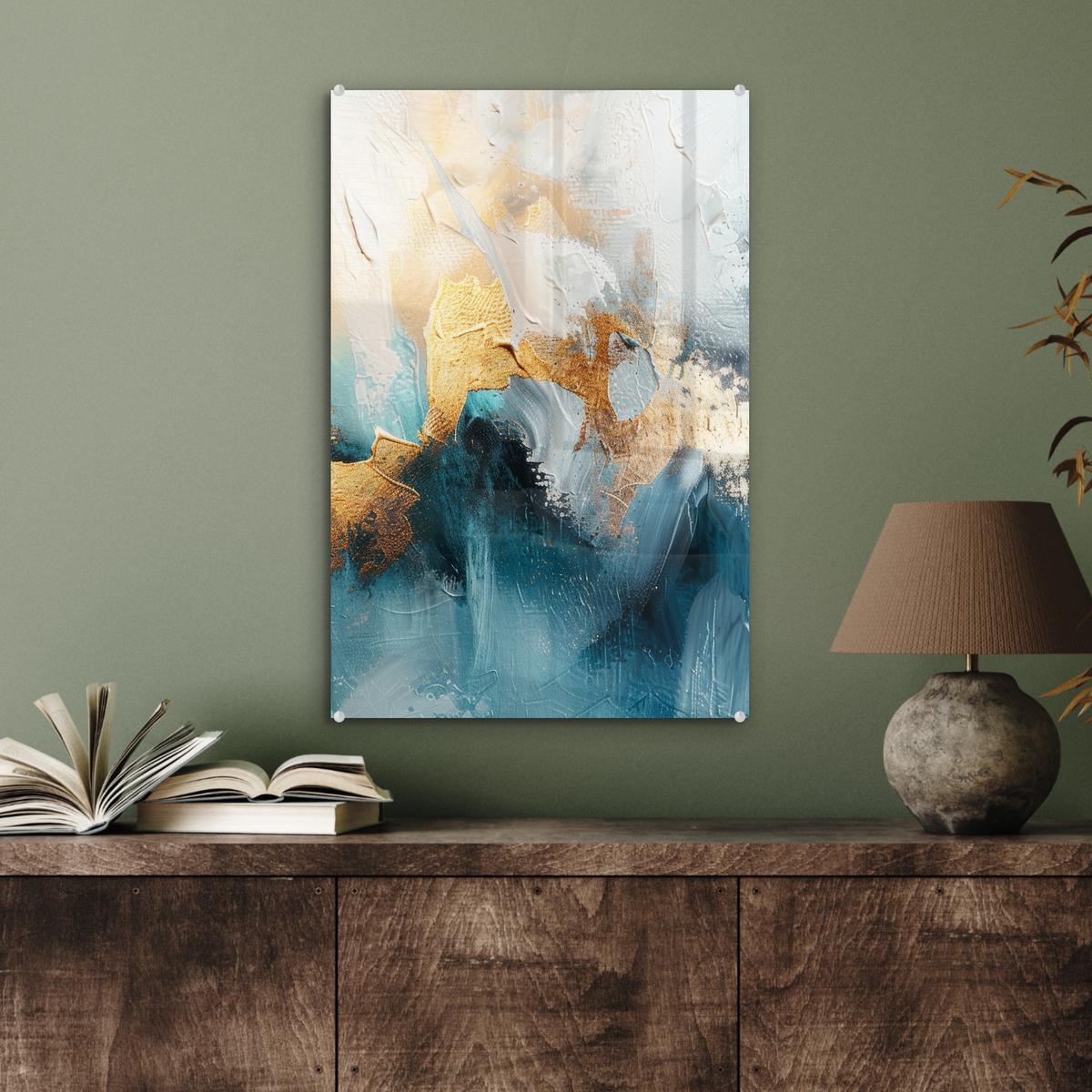 ACRYLGLASBILD Abstrakt - Kunst - Gold - Blau Wanddeko Wohnzimmer 40x60 cm - Petrol, Glas (40/60cm) - MuchoWow