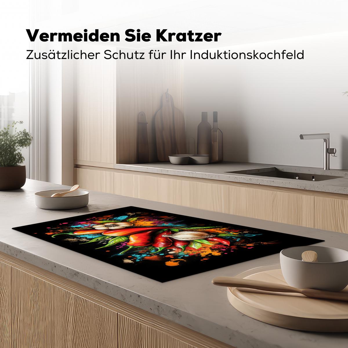 HERDABDECKPLATTE Gemüse - Paprika - Knoblauch - Graffiti - Farbe - Bunt Induktionsmatte 83x51 cm - Rot, Kunststoff (83/51.5/0.2cm) - MuchoWow