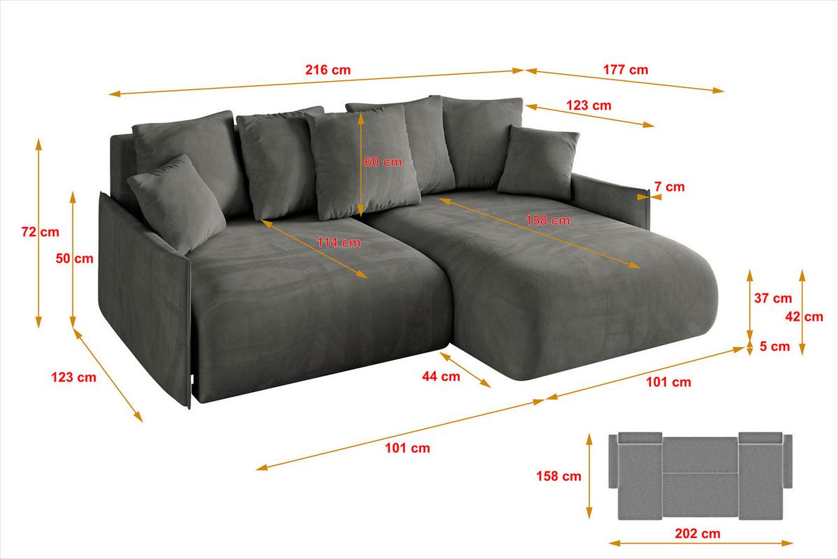 ECKSOFA Ottomane rechts ONESK-L -v1 216x177x72 Dunkelgrau Velours - Anthrazit, Holzwerkstoff/Kunststoff (177/216cm) - ALTDECOR