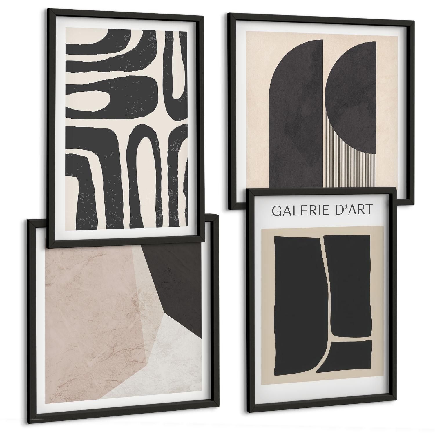 BILDER SET 4er Set - 50x50 cm & 40x60 cm Schwarzer Rahmen - Abstrakte minimalistische Poster - Schwarz, Kunststoff (50/50cm) - TULUP