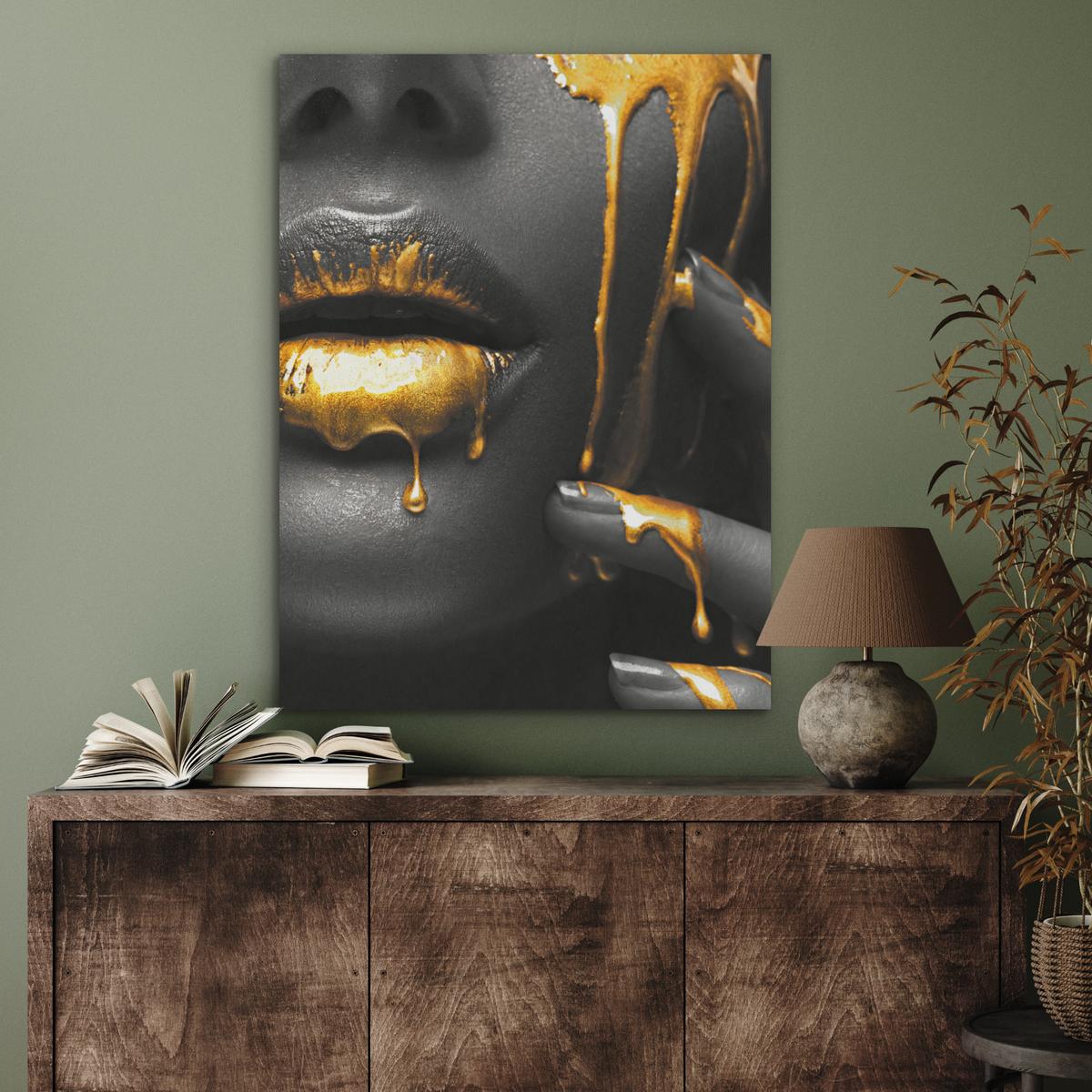 AKUSTIKBILD Frau - Schwarz - Gold - Gesicht - Lippen Wandbilder 60x80 cm - Goldfarben, Kunststoff (60/80/0.9cm) - MuchoWow