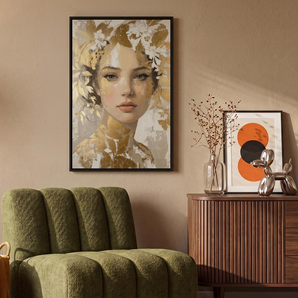 LEINWAND Bilder mit Rahmen - Gesicht - Frau - Blätter - Gold - 60x90 - Beige, Textil (60/90cm) - MuchoWow