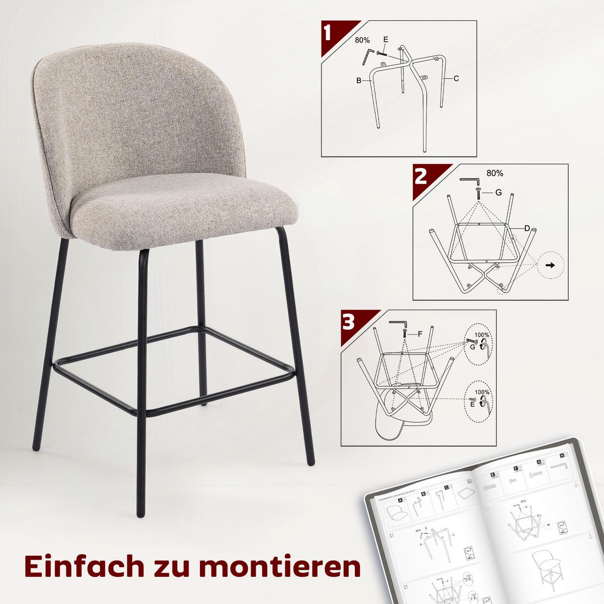 BARHOCKER 2er Set Polyester Stahl Hellgrau - Hellgrau/Schwarz, Textil/Metall (50/93/55cm) - HOMCOM
