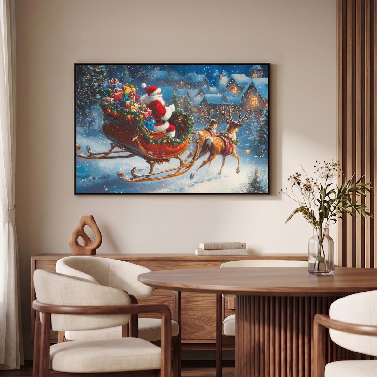 LEINWAND Bilder mit Rahmen - Weihnachtsmann - Rentier - Weihnachten - Schnee - 90x60 - Cognac, Textil (90/60cm) - MuchoWow