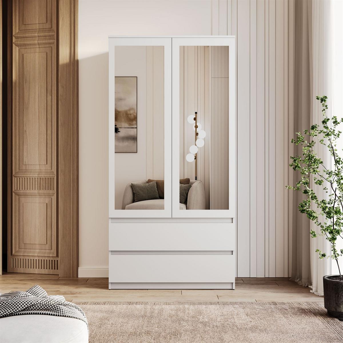 SCHRANK HANA SS-90 mit Spiegel Weiß - Weiß, Holzwerkstoff (90/180/50cm) - Lookway