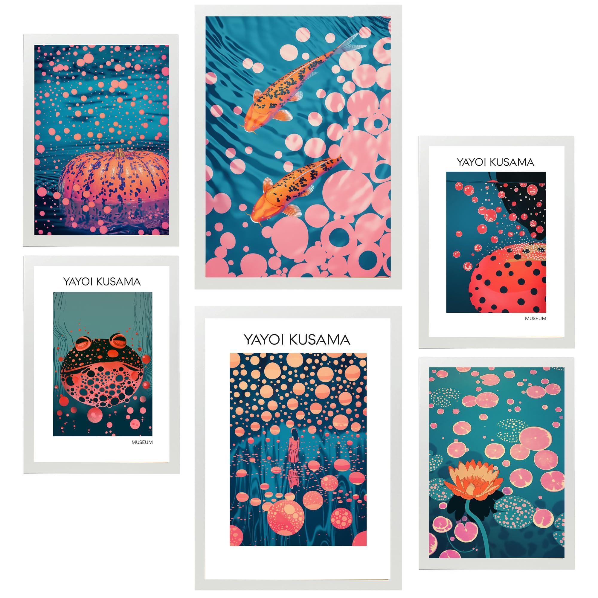 POSTER Set Mit 6 Yayoi Kusama Japanischer Kürbisfisch A3 & A4 Weißer Rahmen - Weiß, Papier (29/3cm) - Nacnic