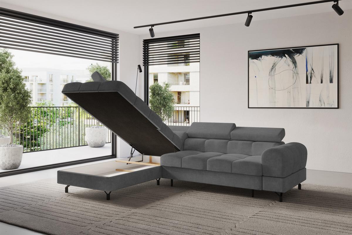 ECKSOFA mit Schlaffunktion Ottomane Links LUMA-L 272x203x70 Grau Velours - Schwarz/Grau, Holzwerkstoff/Kunststoff (272/203cm) - ALTDECOR